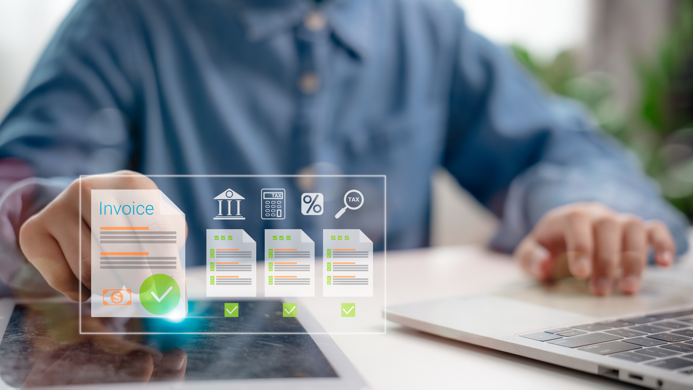 Hand interacting with e-invoice on tablet screen, digital financial documents and icons, concept of online billing, tax management, and electronic financial statements. Facture d’acompte